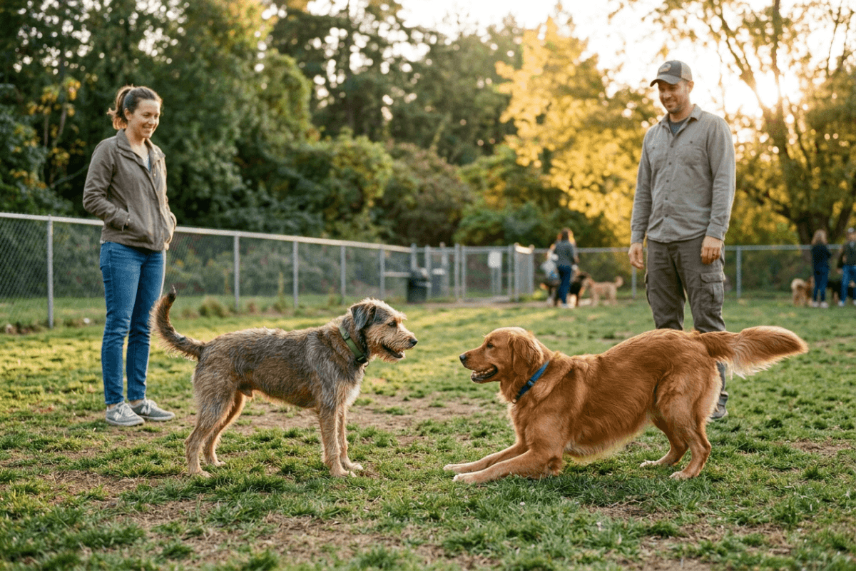 Two dogs greeting each other with relaxed body language while their owners watch nearby