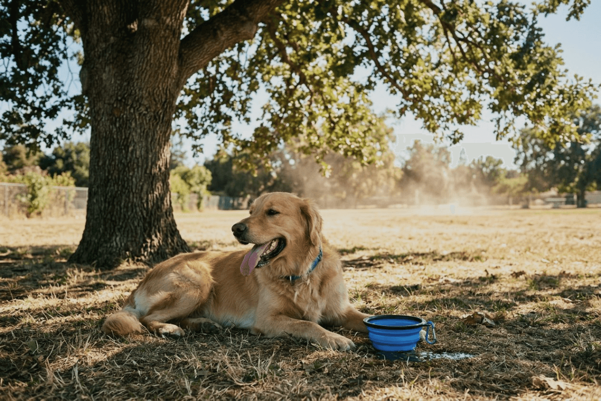 A panting dog resting in the shade of a tree at a dog park on a hot summer day, a portable water bowl beside it