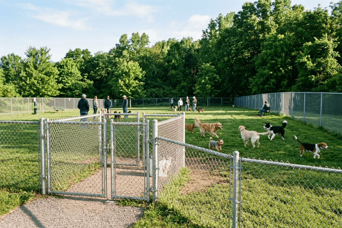A fenced off-leash dog park on a bright morning, dogs running on open grass behind a double-gated entrance