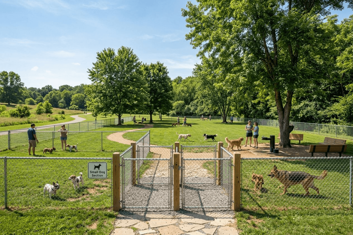 A fenced dog park with a double-gated entry and a separate small-dog section