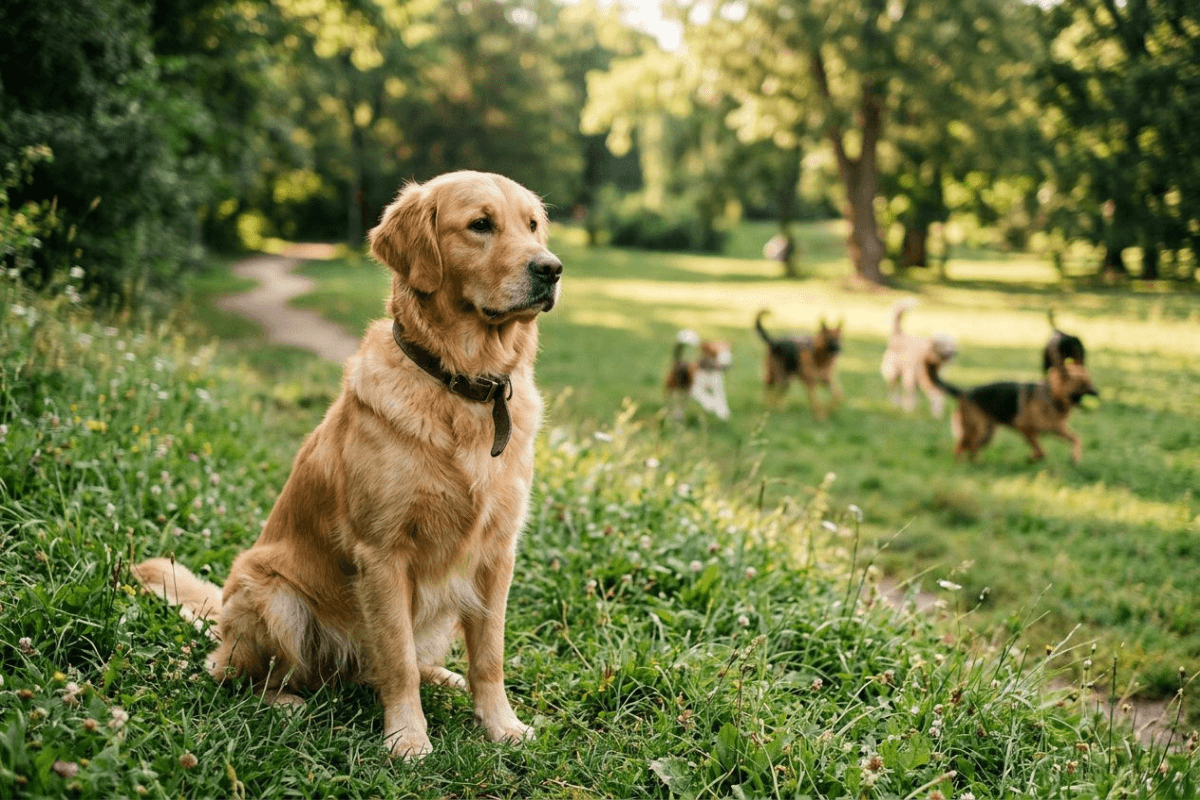 A single calm dog sitting on grass at the edge of a park, watching other dogs play softly out of focus in the background