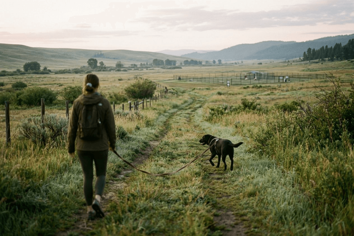 A single dog on a long training line walking with its owner on a quiet grassy trail, a fenced dog park visible far in the background