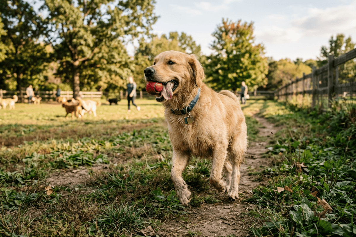 A relaxed dog at a dog park with loose, open body language