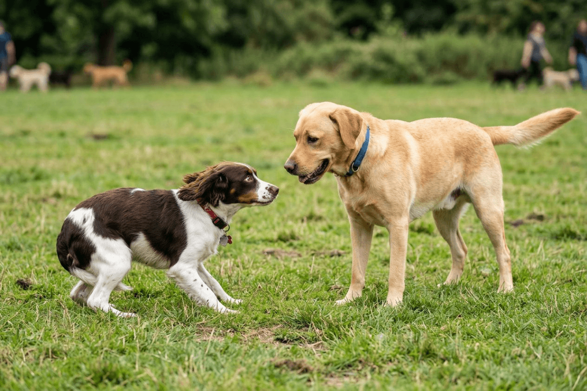 A dog showing stress signals during an interaction at a dog park