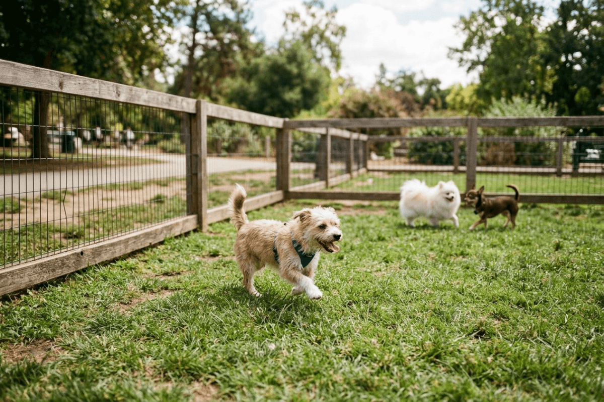 A small dog trotting happily inside a separate fenced small-dog enclosure at a park, other little dogs playing behind