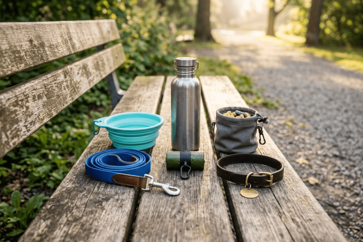 Dog park essentials laid out on a bench: collapsible bowl, water bottle, leash, waste bags, treat pouch, and collar with ID tag