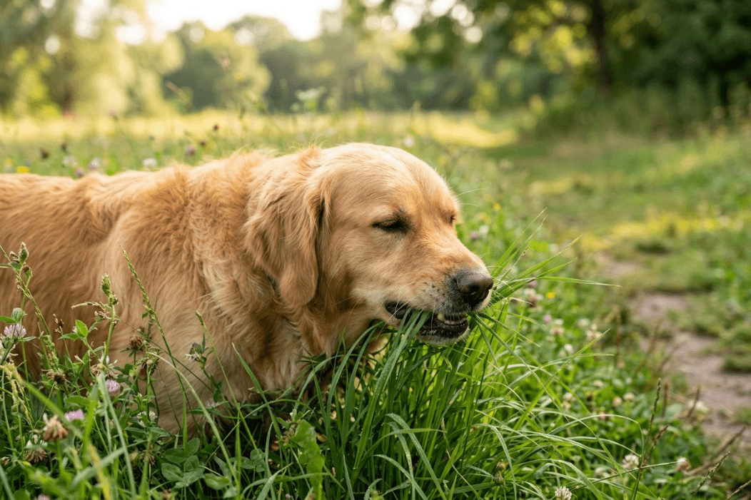 A golden retriever nibbling long grass at the edge of a park meadow